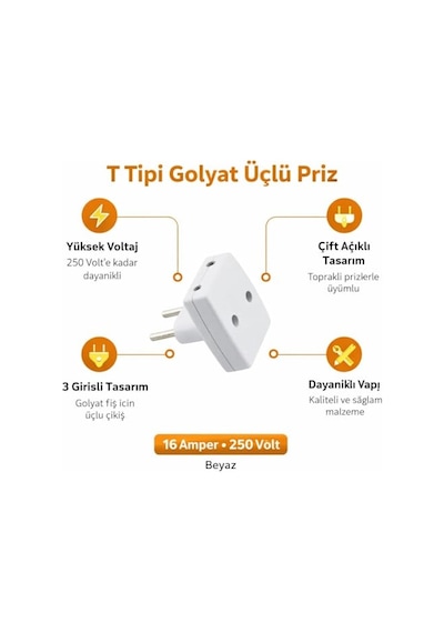 T Tipi Fiş Golyat 2 Li Priz Dönüştürücü, Çoklu Adaptör Priz, Yüksek Dayanıklı Elektrik Prizi, Ev Ofis Seyahat Uyumlu, Kompakt Tasarım, Beyaz, 2 Adet