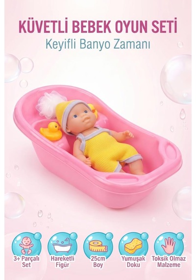 Küvetli Bebek Banyo Seti 25 Cm Oyuncak Bebek Ve Küvet Aksesuarlı Tam Set Sarı