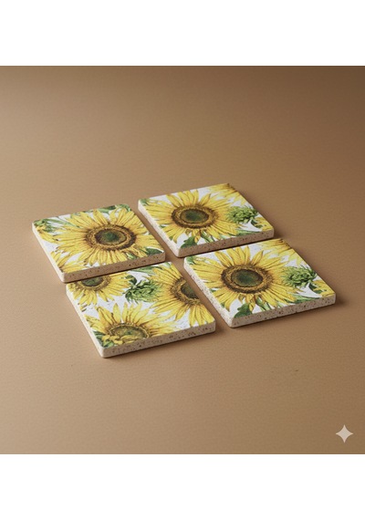 10x10 Traverten Eskitme 4 Lü Takım El Yapımı Çiçek Desenli Bardak Altlığı Sarı