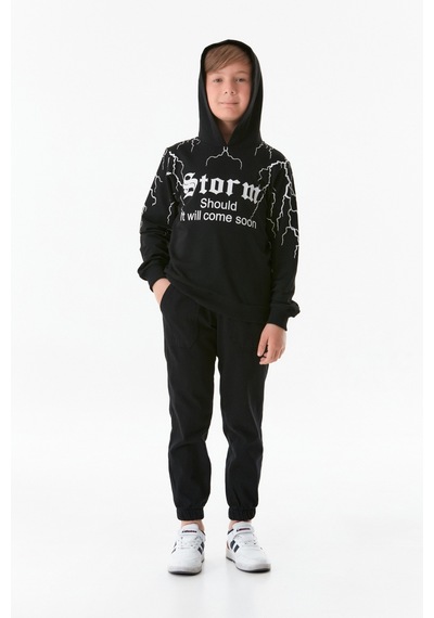 Fullamoda Baskılı Kapüşonlu Erkek Çocuk Sweatshirt 25kcck1303206202-siyah 25KCCK1303206202-Siyah