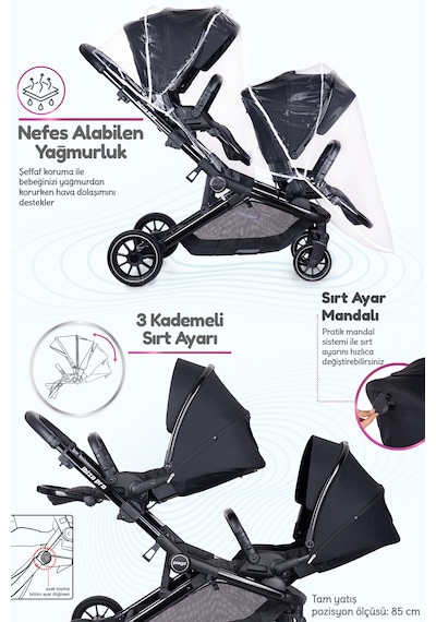 Prego İbiza Pro Çift Yönlü İkiz Bebek Arabası Uv Tenteli -yağmurluk-ayak Örtüsü- 2 Adet Puset Dahil - Tam Set Yeni Seri