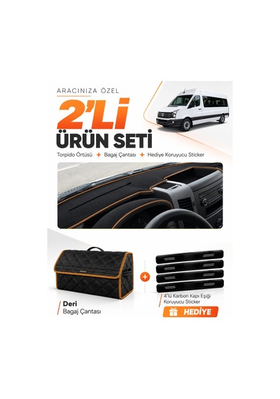 E-biz Volkswagen Crafter 2006-2014 Uyumlu Torpido Örtüsü + Deri Çanta - Siyah-kahverengi - Mb020