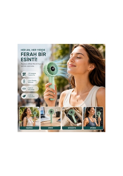 Zb162 Dijital Göstergeli Mini El Fanı Şarj Edilebilir Taşınabilir Cep Vantilatörü Mint Yeşili