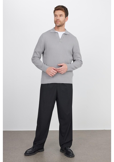 Tudors Erkek Standart Fit Normal Kesim Pamuklu Polo V Yaka Gri Kazak-41857 Gri