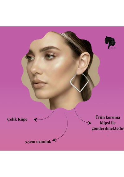 Kare Model Halka Silver Renk Çelik Küpe 5,5cm Gümüş