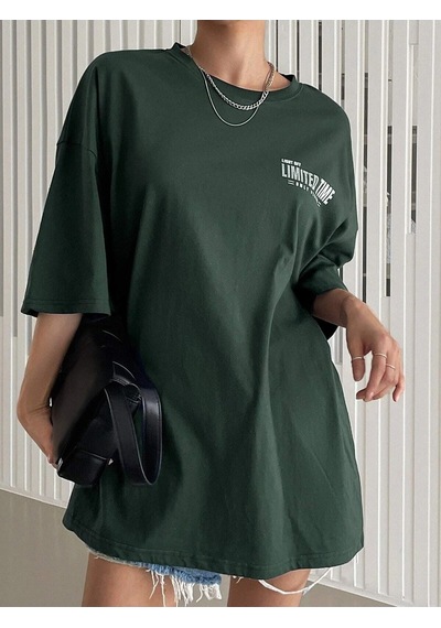 Flood Of Style Kadın Nefti Yeşili Oversize Limited Time Baskılı Tshirt Yeşil