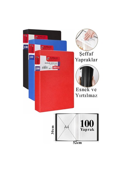 Siyah Mavi Kırmızı Sunum Dosyası 100 Lü 3 Adet Poşet Dosyalı Katalog Dosyası 100 Poşetli Kendinden Dosya Plastik Kapaklı