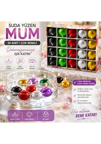 20pcs Suda Yüzen Mum Beyaz - Renkli Bx40