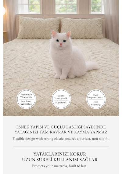 Süper Yumuşak Jakar Kadifemsi Peluş Lastikli Fitted Çarşaf Seti Kaymaz Tek/çift Kişilik Bej Açık Bej