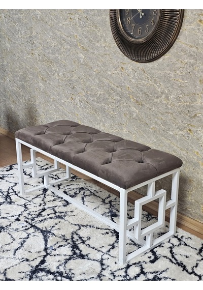 Zafir Beyaz Boyalı İçi Kareli Diktörtgen 100 Cm X 40 Cm Oturak Puf - Bench - Makyaj Oturağı - Oturak Kahverengi