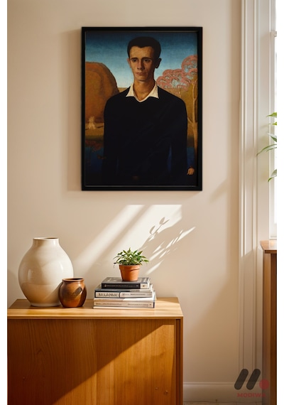 Grant Wood Erkek Portresi, Siyah Çerçeveli Duvar Tablosu - Sanatsever Hediyesi