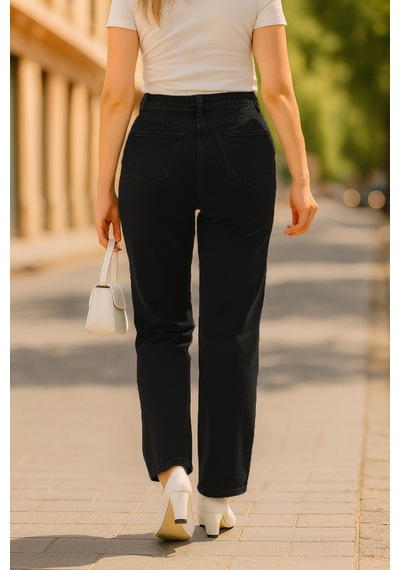 Cedy Denim Cedy Denım - Kadın Büyük Benden Boru Paça Yüksek Bel Regular Fit Likralı Pantolon C626 Siyah