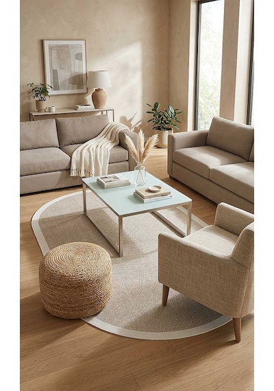 Natura Sisal Hasır Görünümlü Çerçeveli Oval Halı Ntr02 Krem-sütlü Kahve