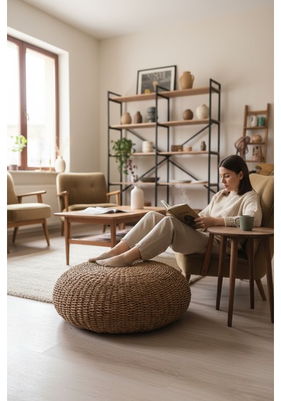Akayev Nature Hasır Büyük Yuvarlak Puf Minder 60 Cm Kahverengi