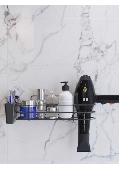 Suntel Yapışkanlı Fön Makinesi Hazneli Banyo Düzenleyici Banyo Organizer Siyah