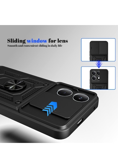Caseonn Xiaomi Poco X6 Pro Kılıf Sürgülü Kamera Korumalı Yüzüklü Mıknatıslı Tank Kapak Siyah