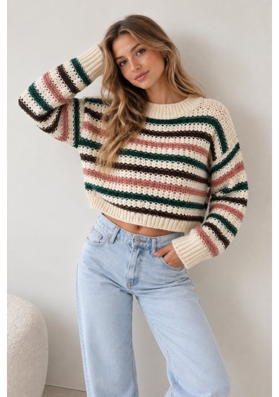 Lima Çok Renkli Kadın Ekru Çizgili Crop Triko Kazak Bisiklet Yaka Oversize Uzun Kollu Örgü Kazak Lima Çok Renkli Kadın Ekru Çizgili Crop Triko Kazak Bisiklet Yaka Oversize Uzun Kollu Örgü Kazak