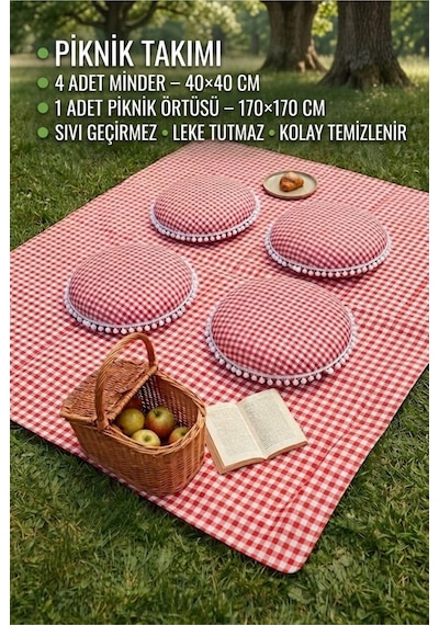 Piknik Takımı Seti - Sıvı Geçirmez Piknik Örtüsü & 4 Adet Minder Leke Tutmaz, Kolay Temizlenir Çok Renkli Piknik Takımı Seti - Sıvı Geçirmez Piknik Örtüsü & 4 Adet Minder Leke Tutmaz, Kolay Temizlenir Çok Renkli