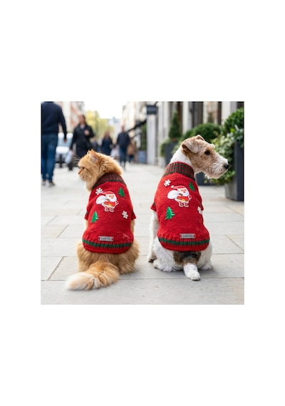 Kedi Ve Köpek İçin Noel Babalı Ve Kar Taneli Kırmızı Kazak