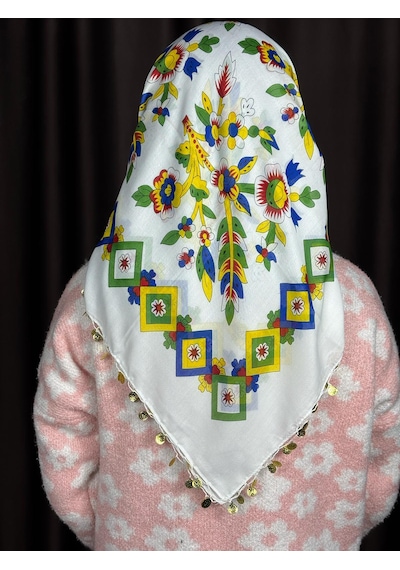 Çengelköy Desenli Pullu Yazma 100x100 Cm Etnik Çiçekli Başörtüsü Çeyizlik Ve Günlük Beyaz