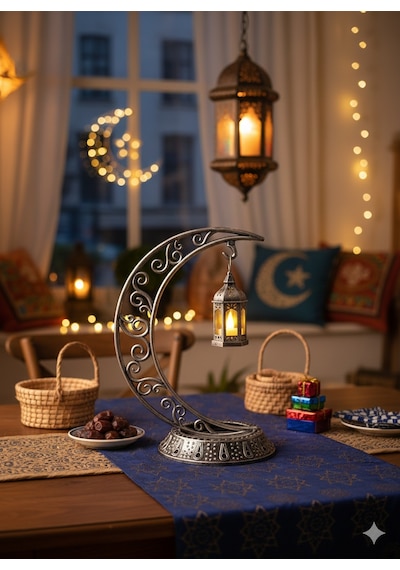 Dekoratif 28 Cm Hilal Eskitme Gümüş Ramazan Led Lamba 10 Cm Kancalı Set Diğer