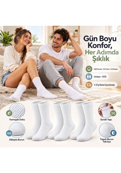Teorastore Unisex Beyaz Soket Çorap Pamuk 12'li Set Dikişsiz Burun Takviyeli Esnek Günlük Spor Çorabı Rahat