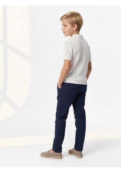 Zekids Erkek Çocuk İnce Triko Yakalı Tasarım T-shirt-17167 Beyaz