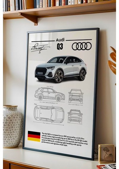 Audi Q3 Tablo - Teknik Özellikli Alman Lüks Suv Poster - Çerçeveli Duvar Dekoru - Araba Blueprint Siyah
