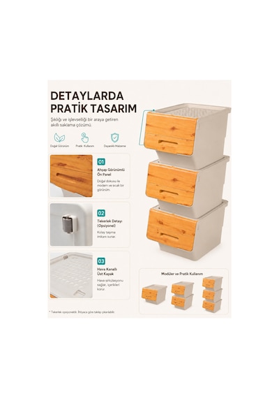 3 Katlı Tekerlekli Kapaklı Saklama Kutusu, Eşya Ve Erzak Organizer 3x12 Litre Bambu Bej Bej