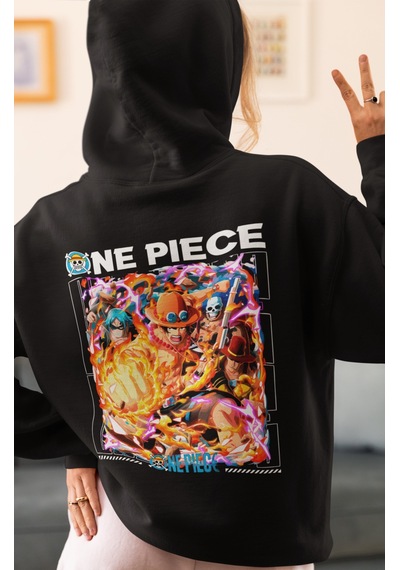 Sevbano One Piece Monkey D. Luffy Anime Sırt Baskılı Unisex Oversize Peny Siyah