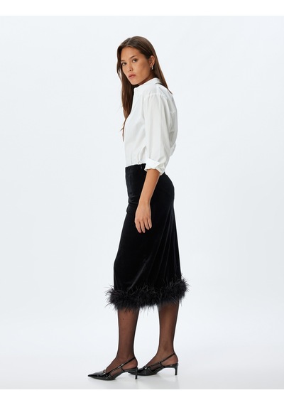 Koton Abiye Etek Midi Kadife Tüy Detaylı Slim Fit Siyah 5wak70006fk Siyah