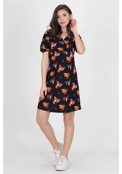 Neşeli Butik Kadın Kruvaze Yaka Çiçek Desenli Örme Krep Mini Elbise Nb10022 Siyah