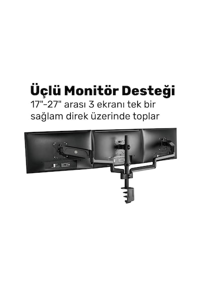 Std48036e 17"-27" Üçlü Ergonomik Monitör Kolu, 3 Ekranlı Amortisörlü Stand, 360 Pivot Vesa Tutucu, Trader/yazılımcı Kurulumu 3x7kg