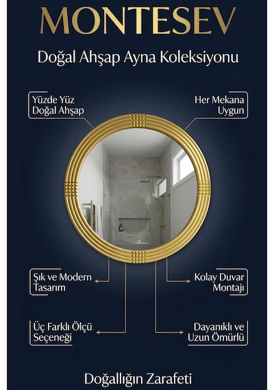 Led Işıklı Safir Altın Dekoratif İşlemeli Banyo Duvar Aynası 43 Cm Altın