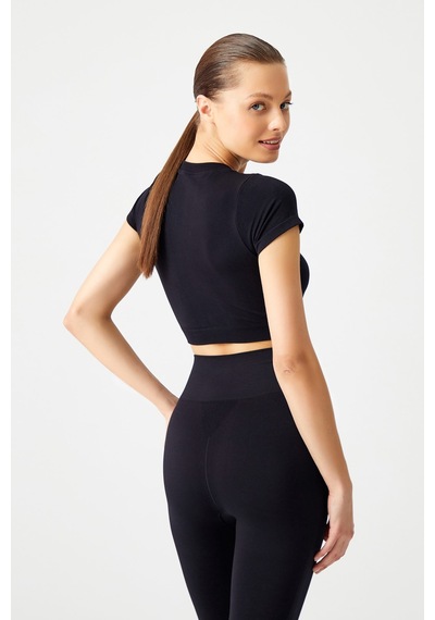 Los Ojos Siyah Seamless Yumuşak Dokulu Spor T-shirt Crop Top Siyah Siyah