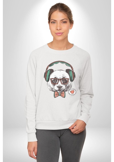 Kulaklıklı Hipster Portre Panda Unisex Beyaz Baskılı Sweatshirt Beyaz