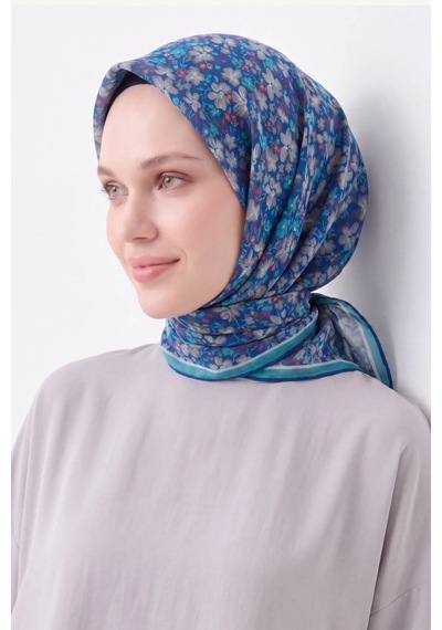 Silk Home Mini Floral Desen Soft Pamuk Eşarp Koyu Mavi