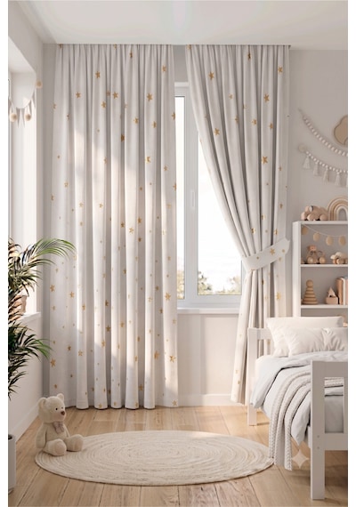Bebek Çocuk Odası Fon Perdesi Desenli Dekoratif Dijital Baskılı Premium Çocuk Odası Perdesi Beyaz