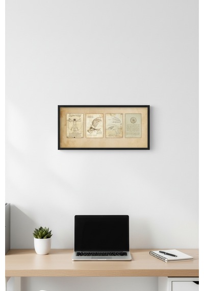 Leonardo Da Vinci Çizimleri Tablo Çerçeveli Vintage Sanat Tablosu Ofis Salon Duvar Dekoru