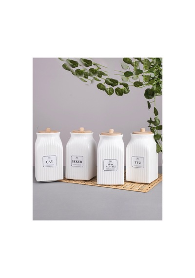 4 Lü Bambu Kapaklı Porselen 1000 Ml Çay Şeker Türk Kahve Tuz Saklama Kavanoz Seti Bakliyat Kavanoz Beyaz Beyaz