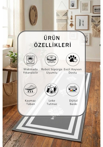 Yıkanabilir Yolluk 63 Beyaz - Gri