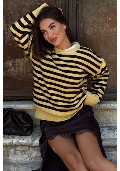 Madmext Sarı Çizgili Bisiklet Yaka Oversize Kadın Kazak Mg2894