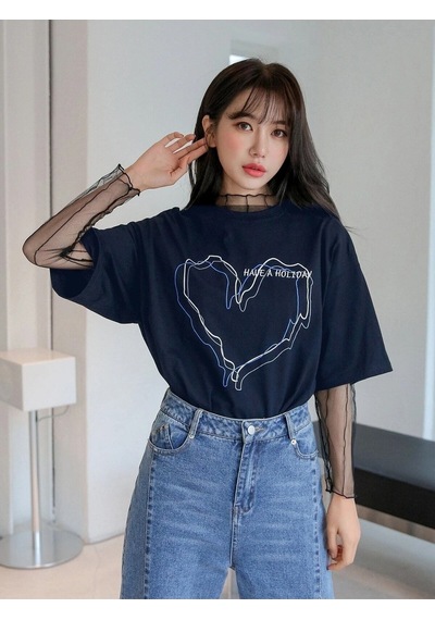 Flood Of Style Kadın Çizgili Figür Kalp Lacivert T-shirt Have A Baskılı