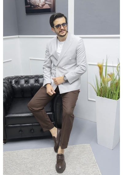 Avni Ceylan Verde Dokulu Gofre Kumaş İtalyan Stil Slim Fit Kruvaze Erkek Ceket Gri