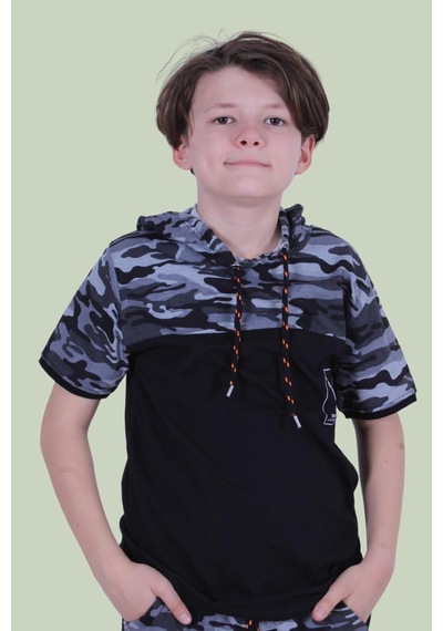 Panios Kids Kapşonlu Kamuflaj Desen Erkek Çocuk T-shirt Gri