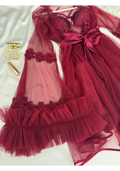 Mh Moony Homewears Kutulu 12'li Parça Pause Bordo Saten Pijama Gecelik Sabahlık Iç Giyim Çeyiz Seti Bordo Renk