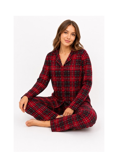 Sleeproom Kadın Mevsimlik Süet Uzun Kol Ekose Desen Kırmızı Pijama Takımı