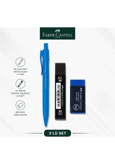 Faber-castell Tri Click Soft Retro 0,7 Mavi Versatil Kalem+0,7 Uç+orta Boy Sınav Silgisi