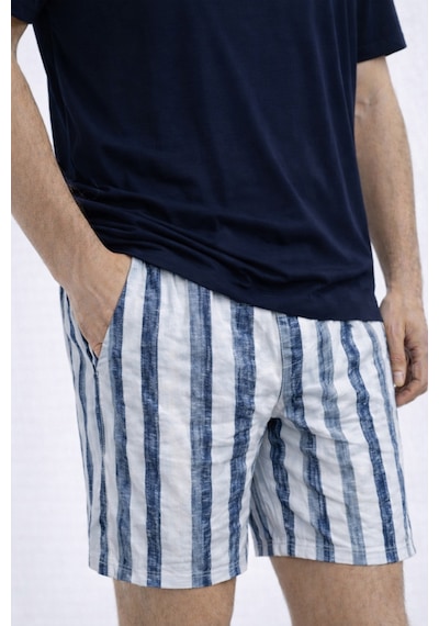 Erkek Pamuklu Kısa Kollu Çizgili Cepli Şortlu Pijama Takımı Ke77637 Lacivert