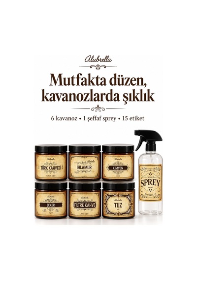 Alubrella 500 Ml 6 Kapaklı Kavanoz Ve 1 Şeffaf Boş Sprey Şişe Mutfak Düzenleme Seti Amber